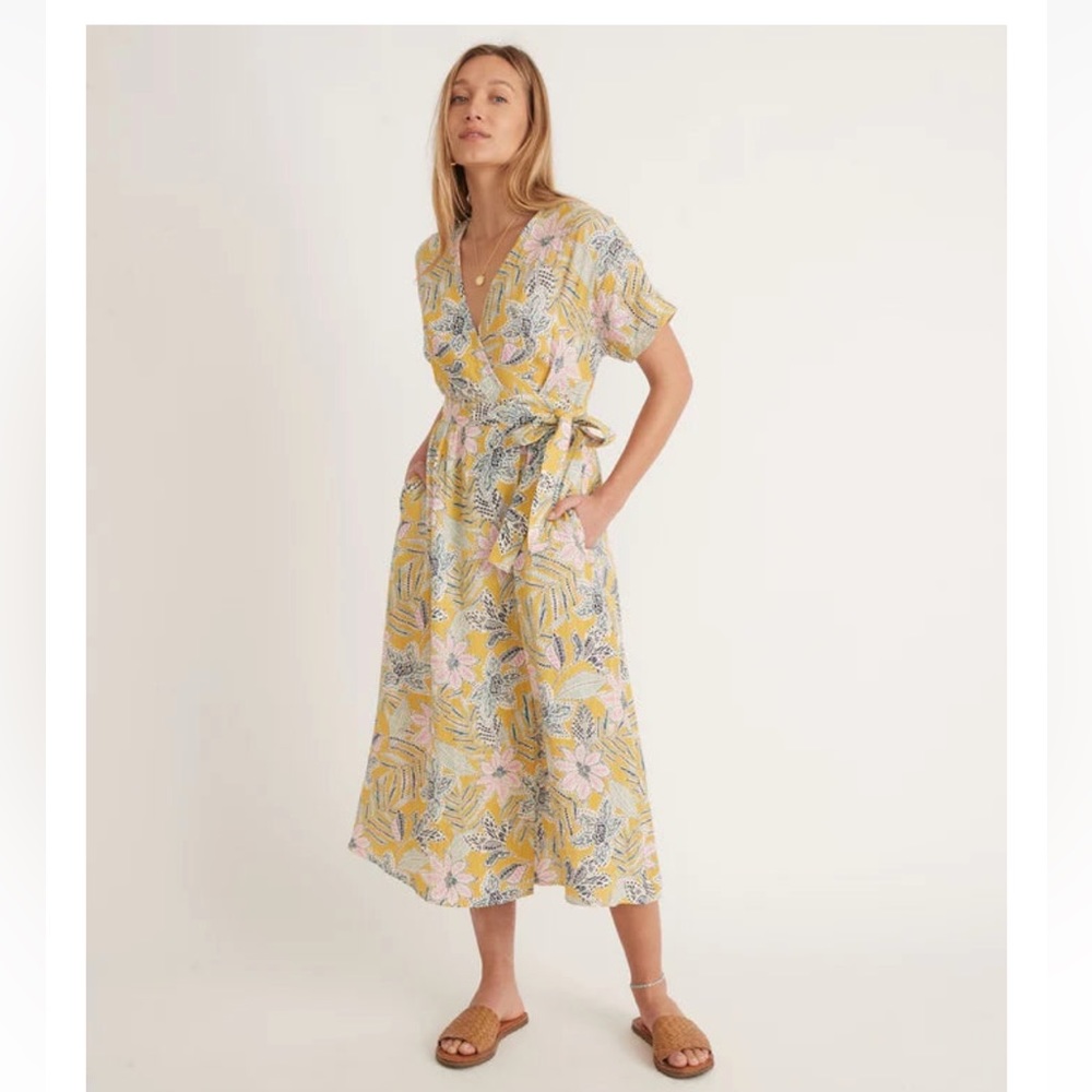 Marine Layer gauze bamboo floral caftan sleeves midi length wrap dress